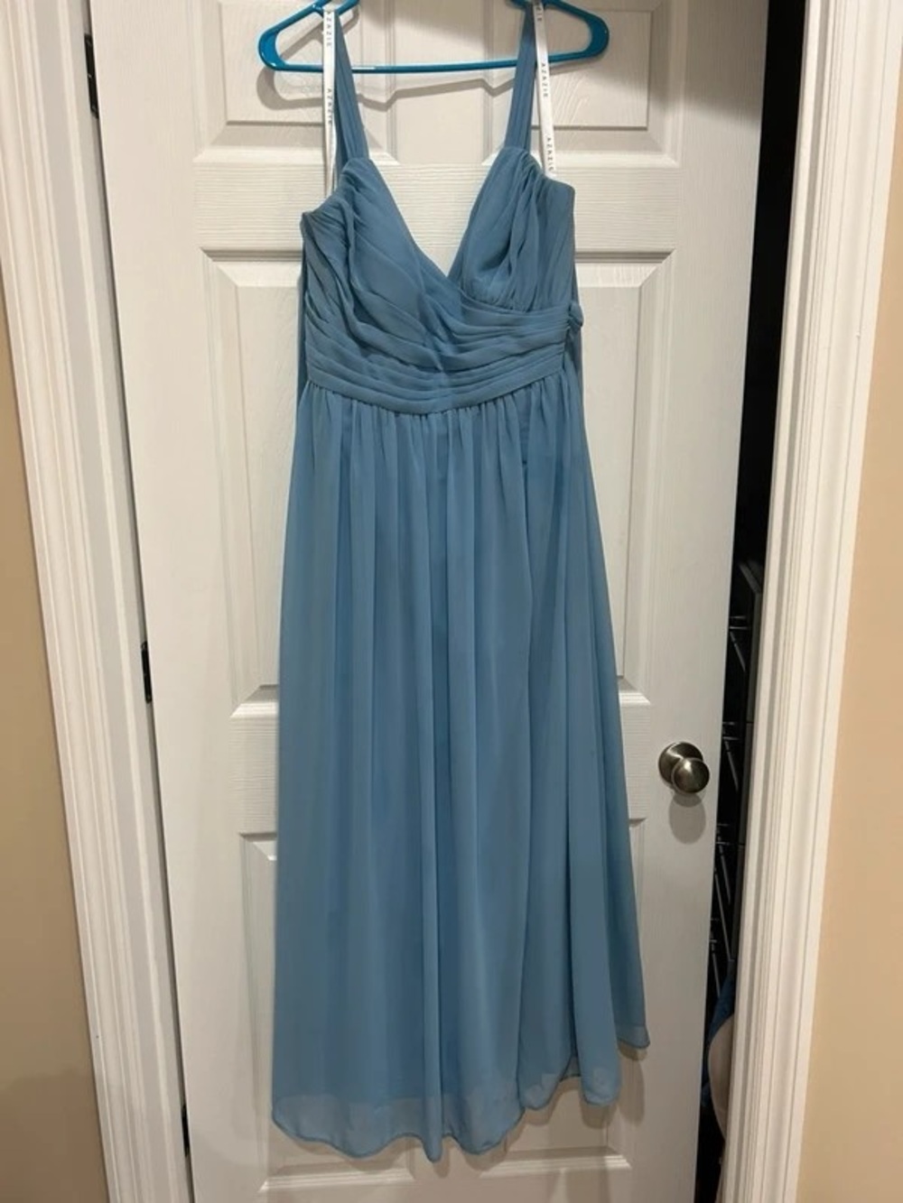 Sky Blue Chiffon Maxi Dress with Ruched Bodice